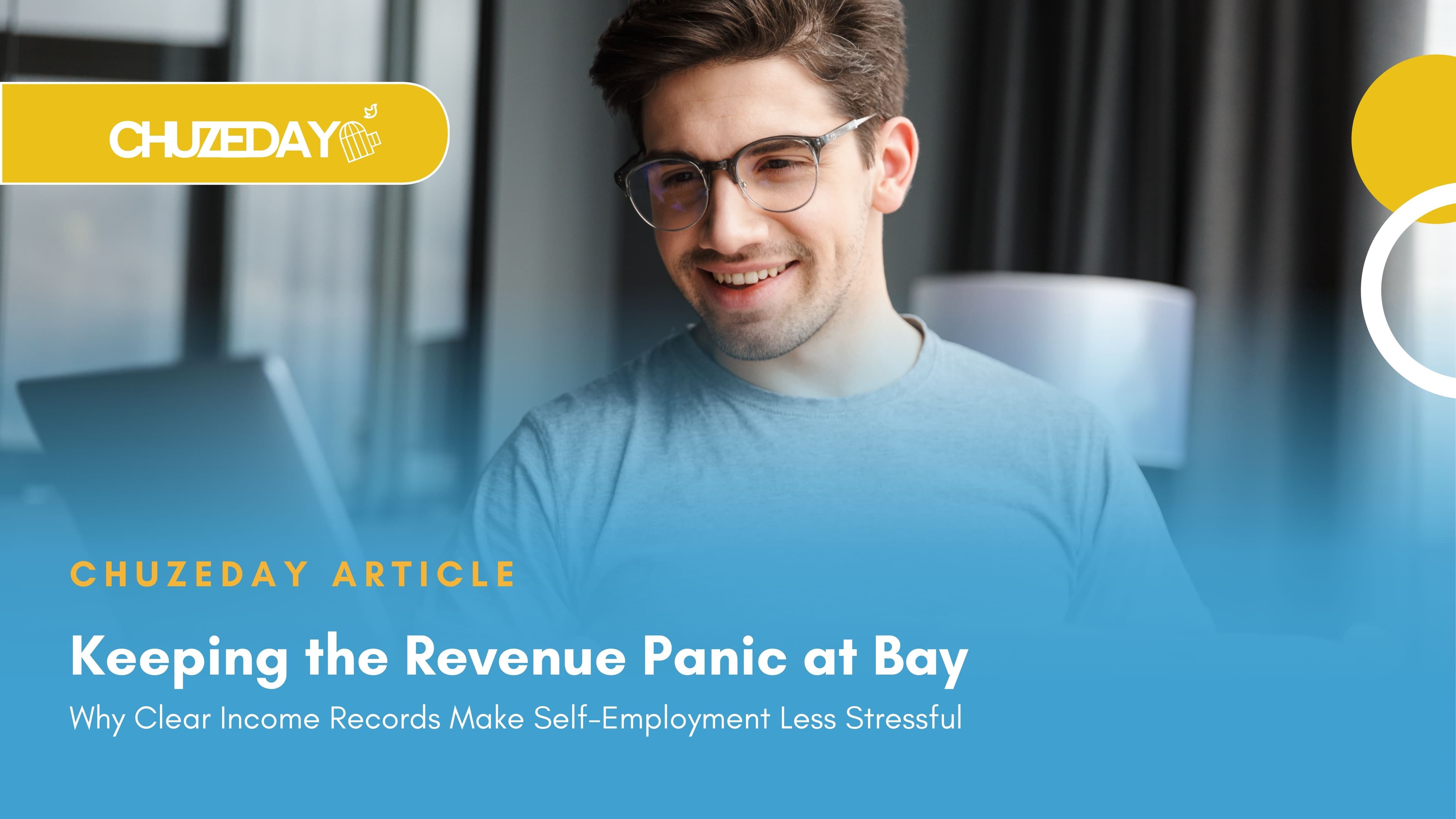 Young man smiling with confidence that his revenue payments are on time because of Chuzeday.